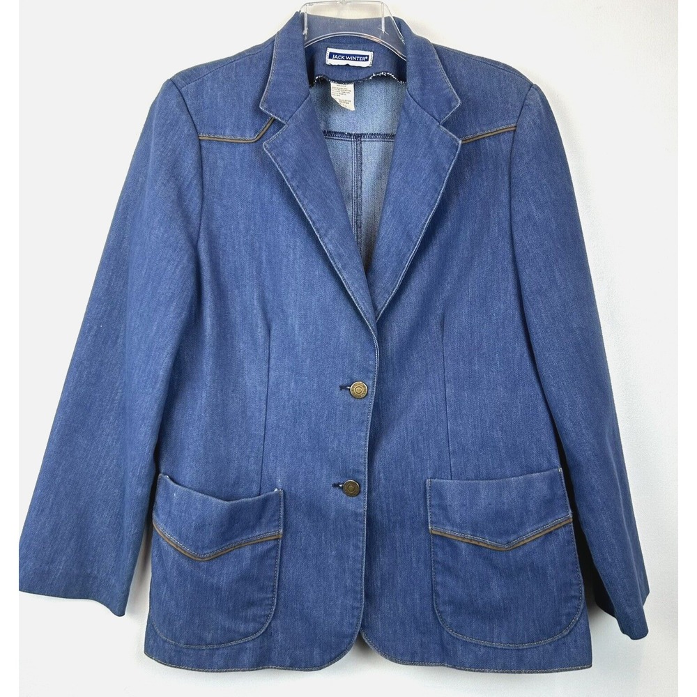 Vintage Denim Blazer Jacket Womens 14 Blue 90s Y2K Western Cowgirl Old Money